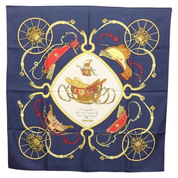 HERMES Carre 90 Scarf ""SPRINGS"" Silk Navy White Auth - Picture 1 of 16